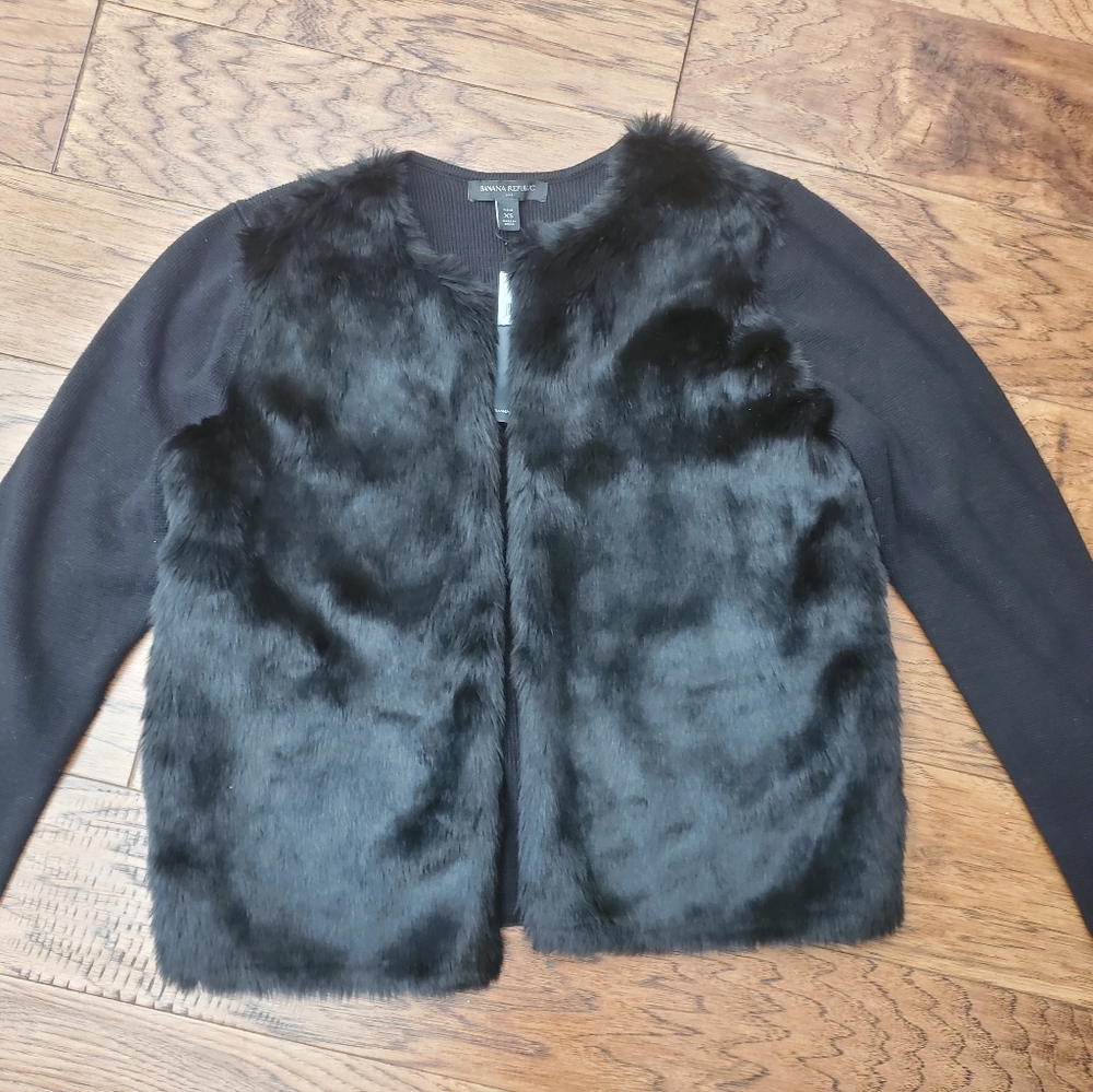 NWT Banana Republic black faux fur cardigan, XS
